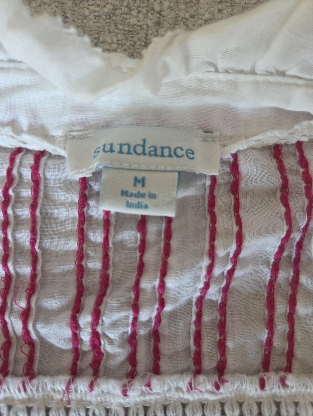 Sundance Ramie Embroidered Bird Blouse Medium White Pink Boho Cottagecore - Picture 8 of 9